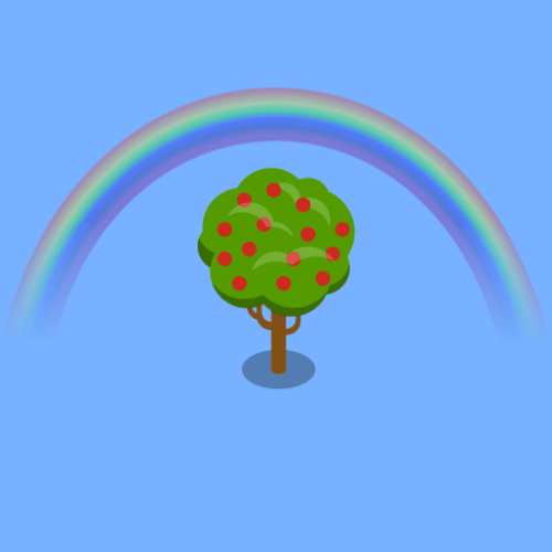 An apple tree underneath a rainbow on a blue background